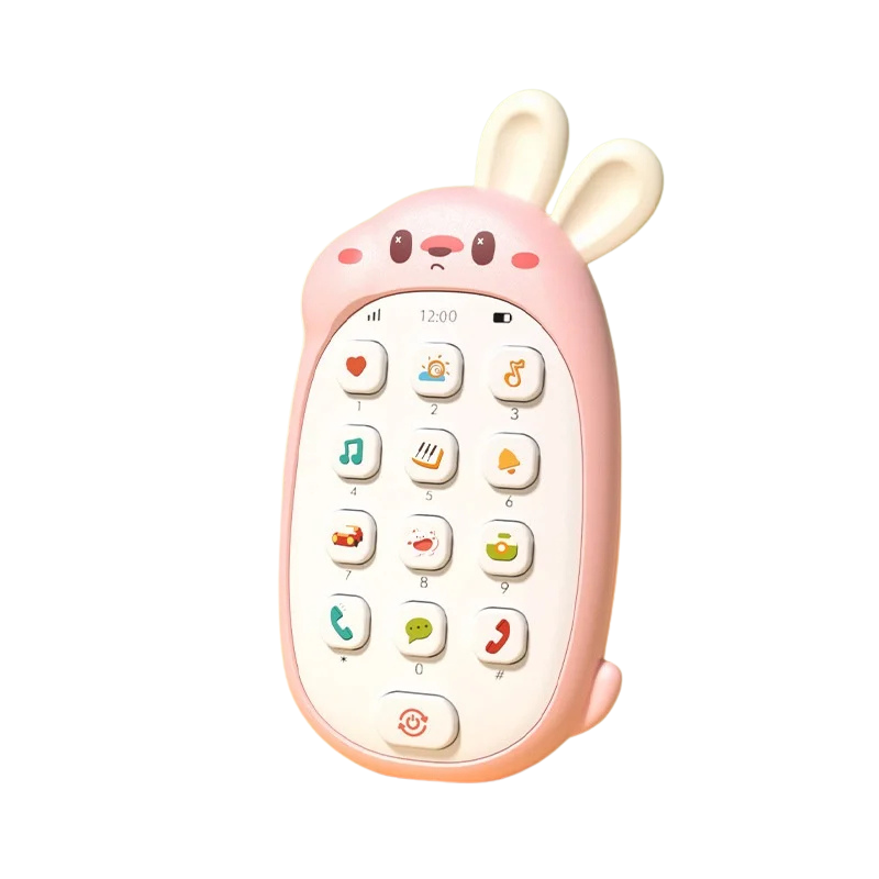 Soft silicone baby phone chew toy, multi-textured for teething relief and sensory exploration.