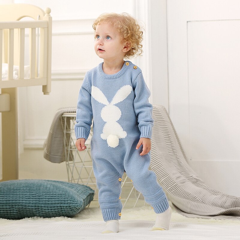 Baby jumpsuit with bunny silhouette print, long sleeves, and snap closures for easy changing and comfy fit.