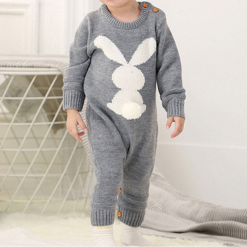Unisex baby romper in soft cotton with a cute bunny print, perfect for casual wear or baby shower gift.