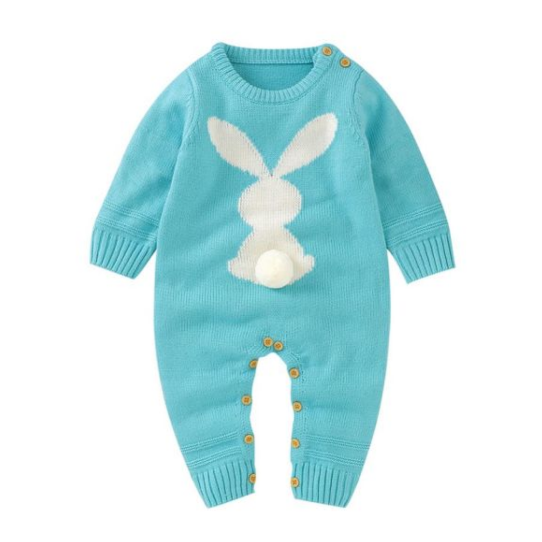 Close-up of baby romper with bunny silhouette design, showcasing the long sleeves and quality cotton fabric.