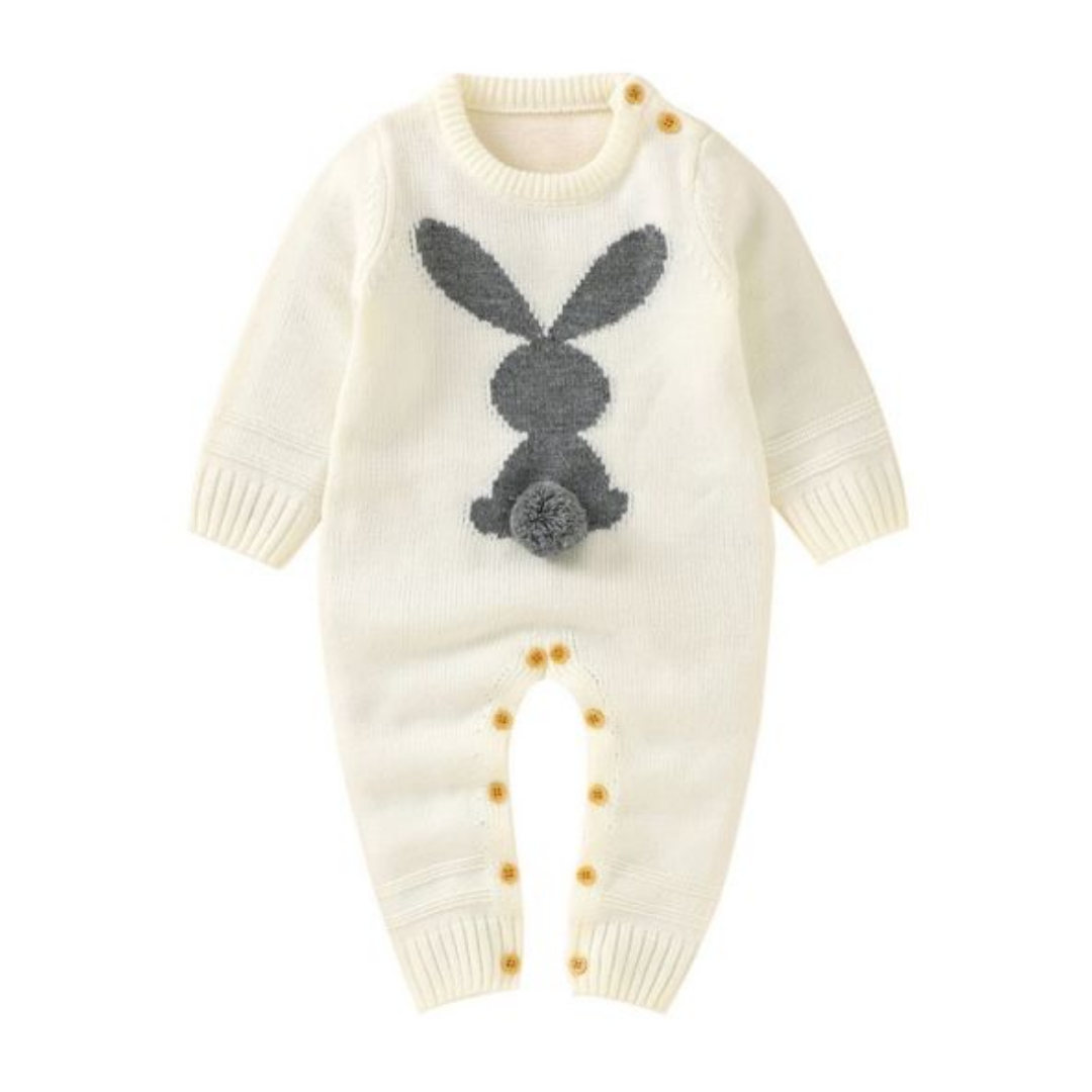 Infant apparel: long sleeve baby jumpsuit featuring an adorable bunny print, ideal for spring or autumn.