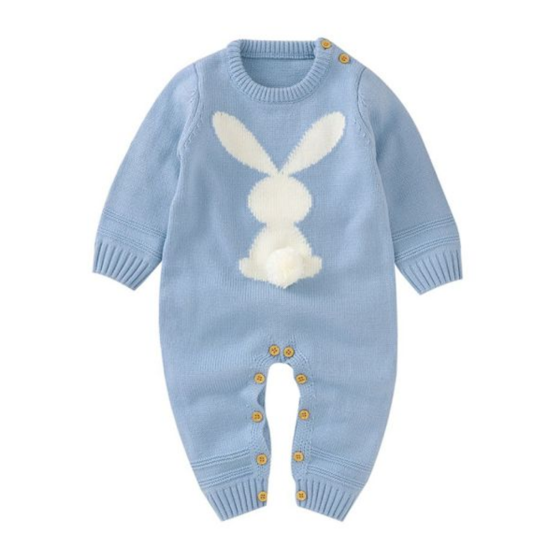 Cute baby outfit: long sleeve romper with an all-over bunny print and convenient snap fasteners at the bottom.