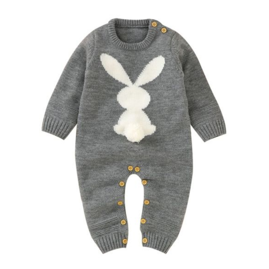 Baby boy or girl in a comfortable long sleeve bunny print romper, suitable for everyday play.