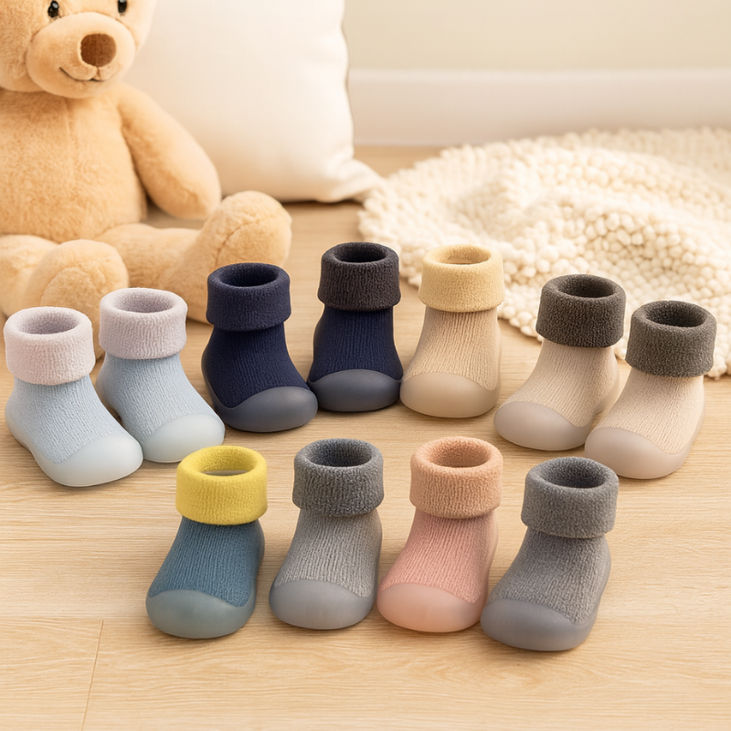 Baby knit sock shoes, grey, flexible non-slip soles, for infant first walkers