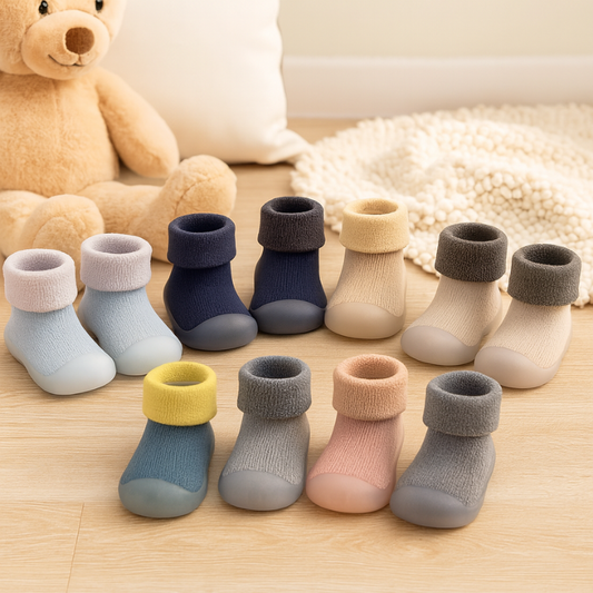 Baby knit sock shoes, grey, flexible non-slip soles, for infant first walkers