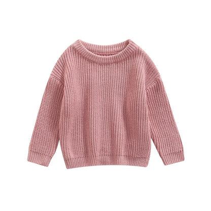 Baby long sleeve pullover in blue on a hanger, ready for infant and toddler fashion.