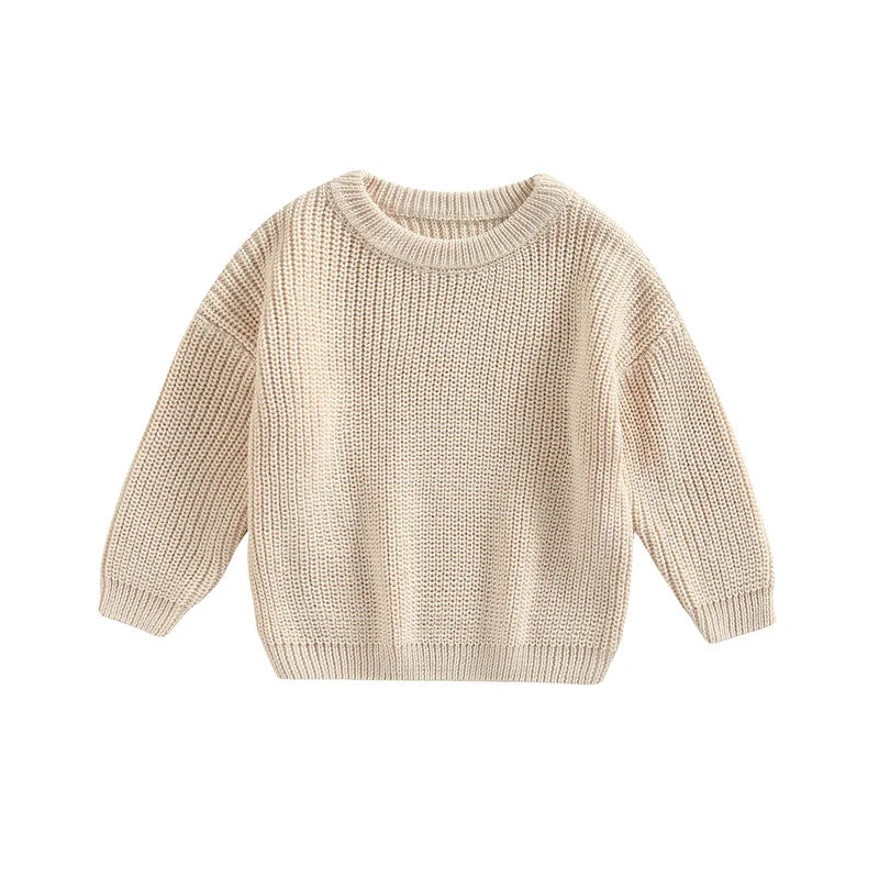 Knitted pullover sweater for baby, made from breathable cotton blend for all seasons.