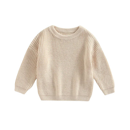 Knitted pullover sweater for baby, made from breathable cotton blend for all seasons.