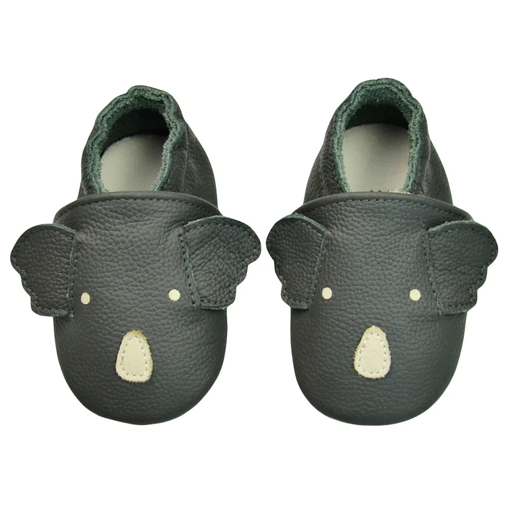 First walking shoes: grey leather moccasins with pliable, non-slip soles