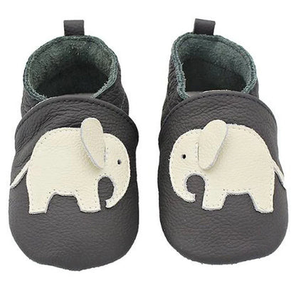 Newborn moccasins in grey, made from breathable genuine leather for delicate skin