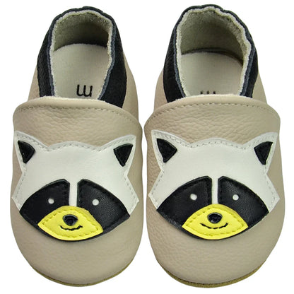 Brown baby leather moccasins from a top angle, showing the full design