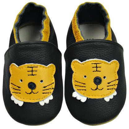 Purple infant leather moccasins with a soft, non-constricting elastic ankle