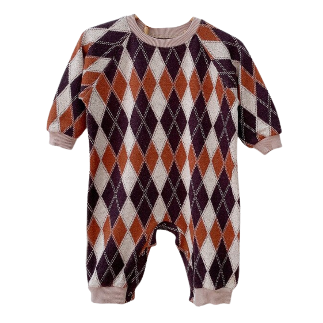 Full view of a baby diamond knit long sleeve romper, ideal casual infant clothing