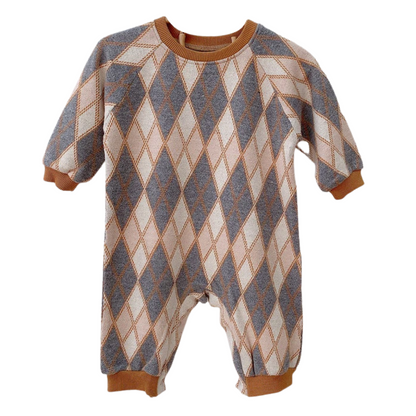 Soft knitted baby jumpsuit for infant boys or girls, featuring an elegant diamond pattern