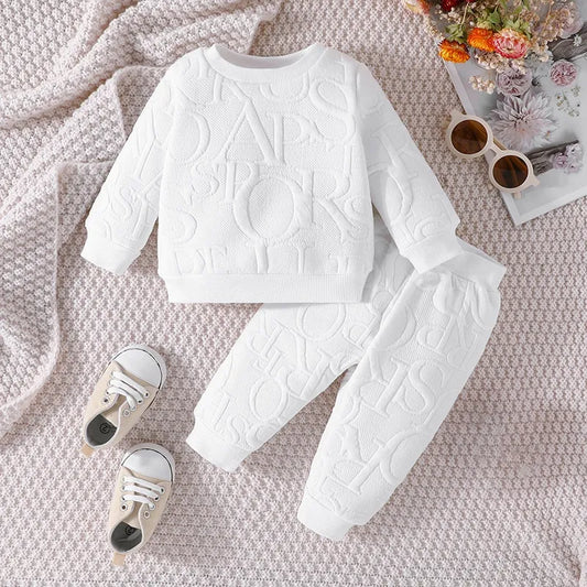 Baby long sleeve t-shirt and pants set, gray with white stripes, for infants & toddlers