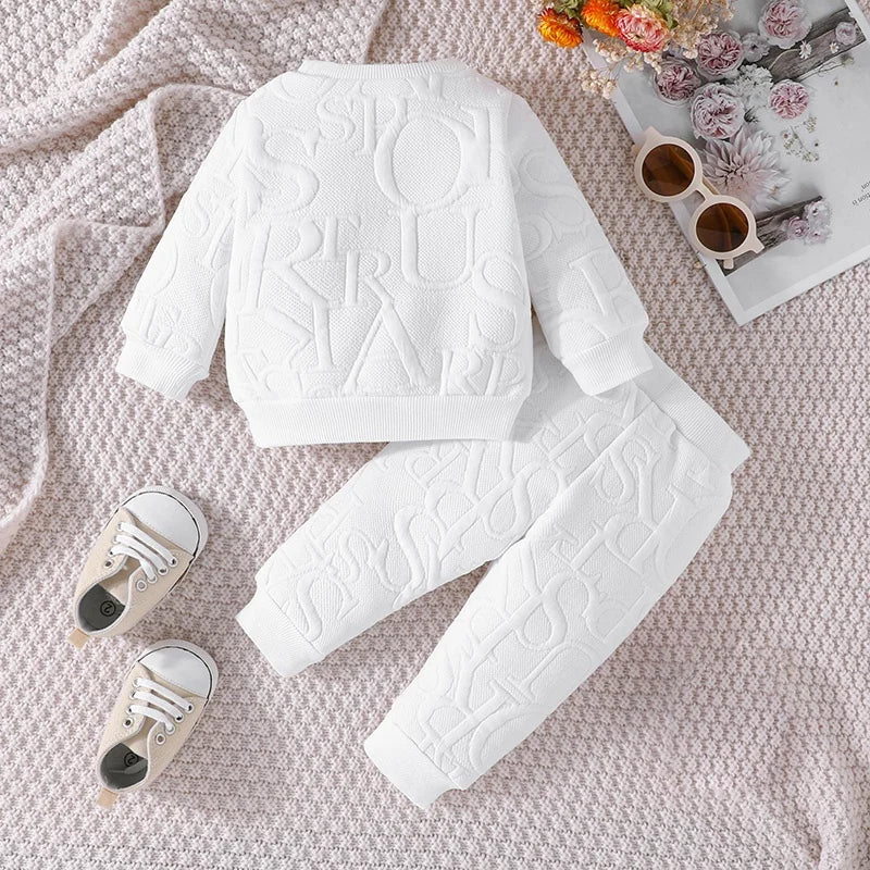 Unisex baby 2-piece clothing set: long sleeve tee & elastic waist pants, soft polyester