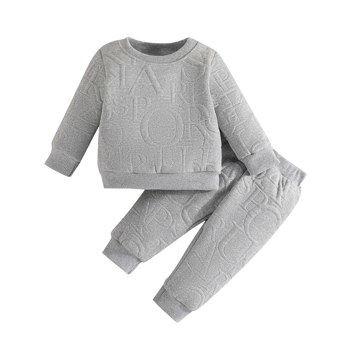 Infant apparel: striped long sleeve t-shirt paired with matching gray baby pants