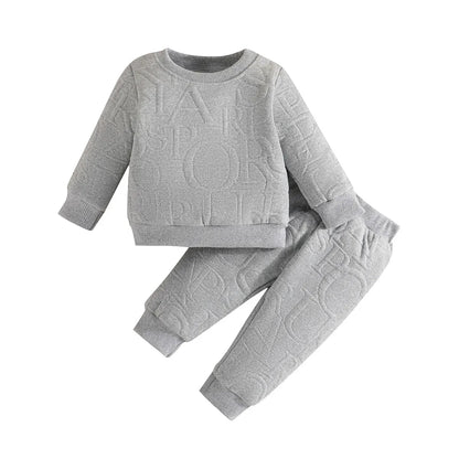 Infant apparel: striped long sleeve t-shirt paired with matching gray baby pants
