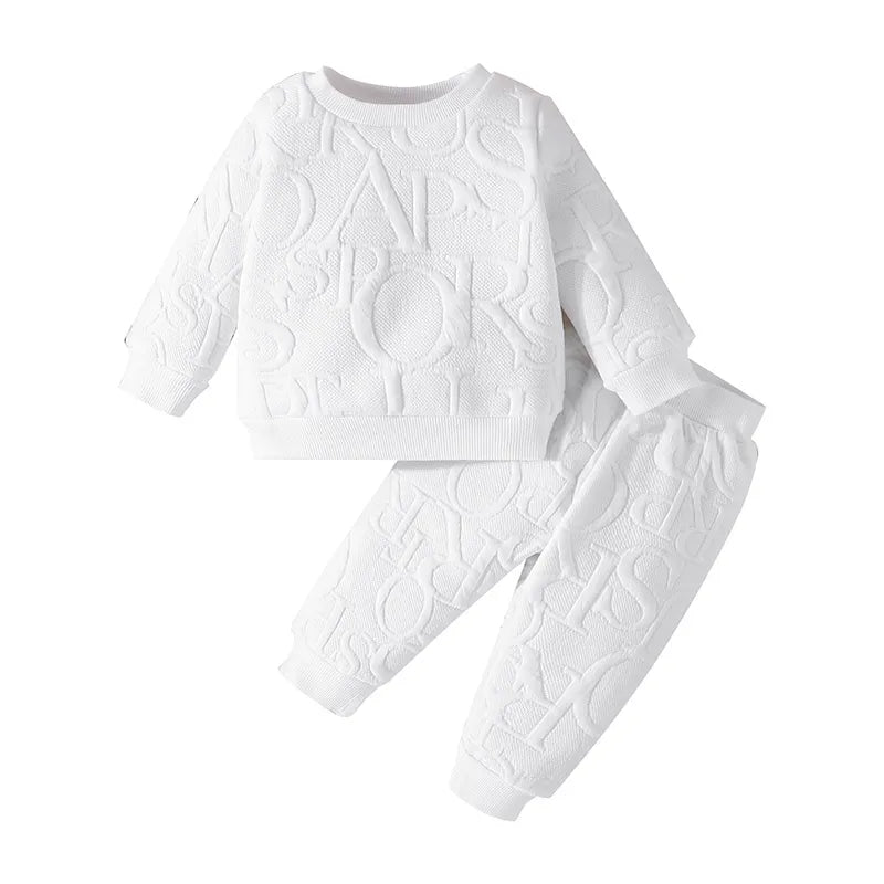 Unisex baby long sleeve and pant set in a neutral gray, perfect for daily activities
