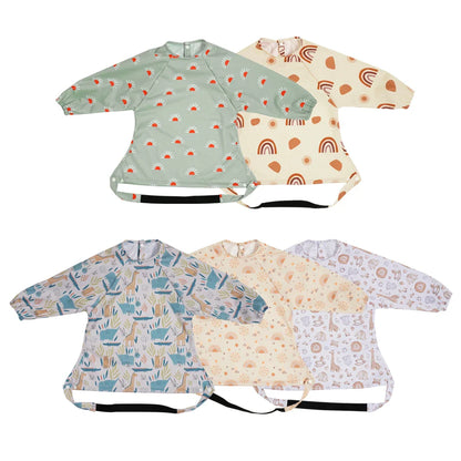 Baby mess proof long sleeve feeding bib with catch-all pocket, blue star print, waterproof PUL polyester