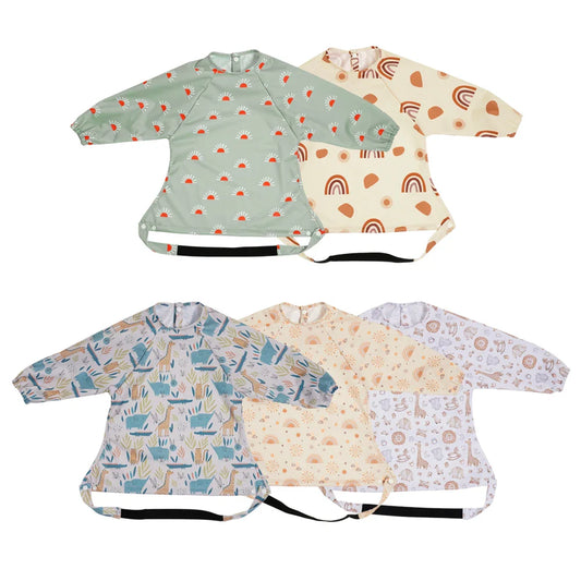 Baby mess proof long sleeve feeding bib with catch-all pocket, blue star print, waterproof PUL polyester