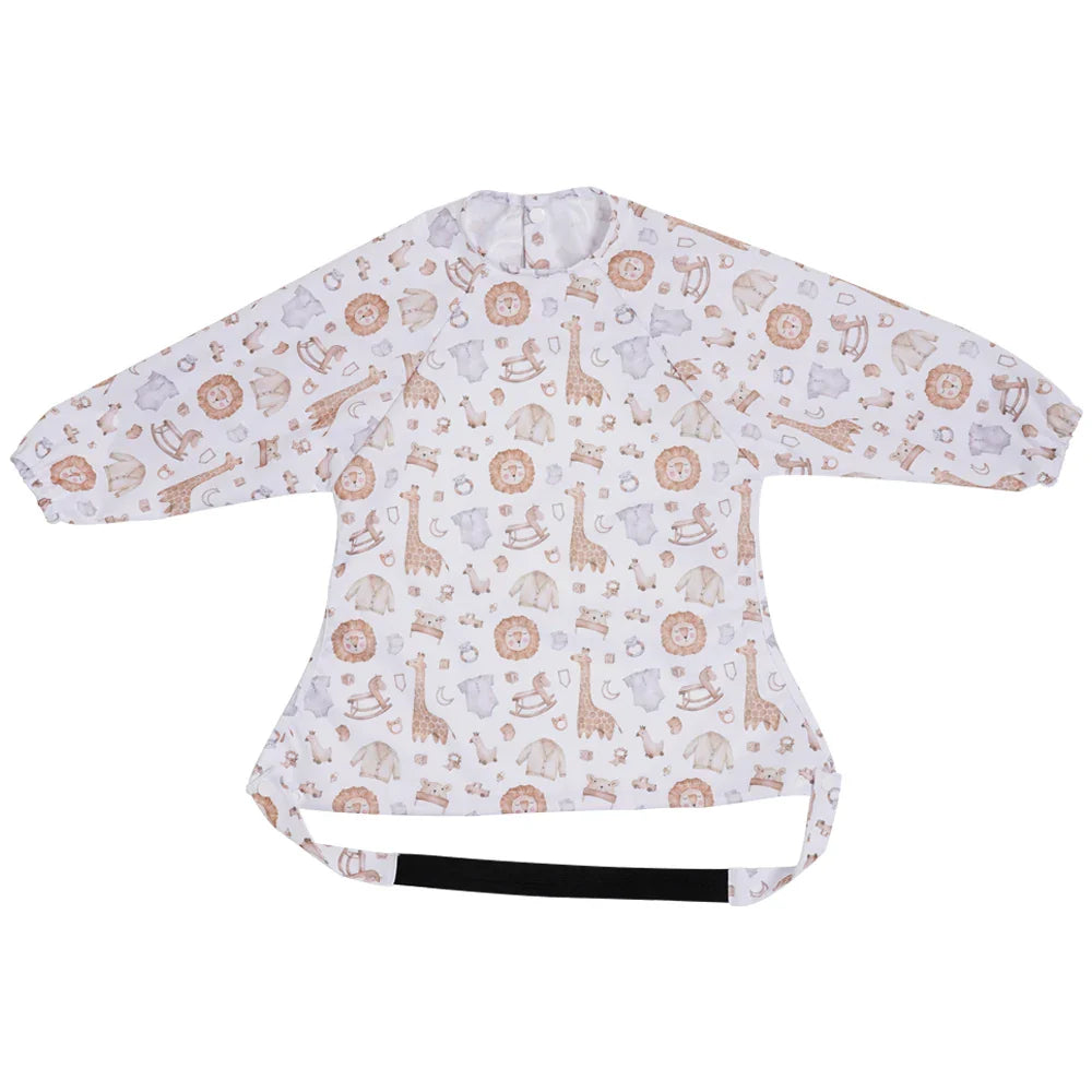 Durable PUL polyester long sleeve feeding bib for babies, mess proof, with a functional catch-all pocket