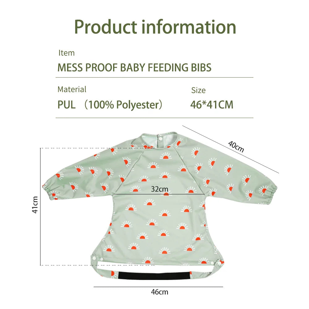 Waterproof baby weaning bib, mess proof design, full sleeves, and handy food catching pocket