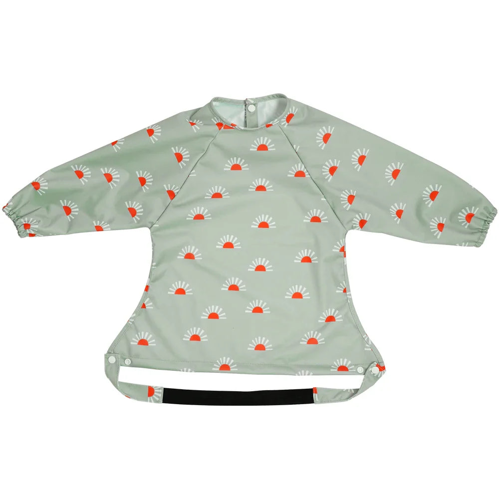 Mess proof baby accessory: long sleeve feeding bib with blue trim and effective catch-all pocket