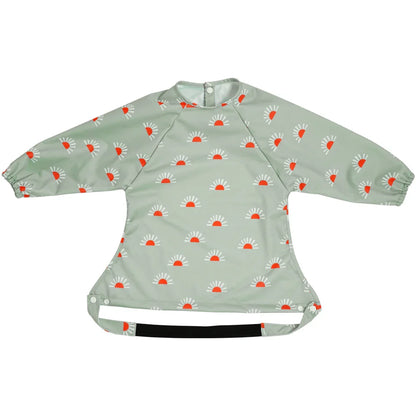 Mess proof baby accessory: long sleeve feeding bib with blue trim and effective catch-all pocket
