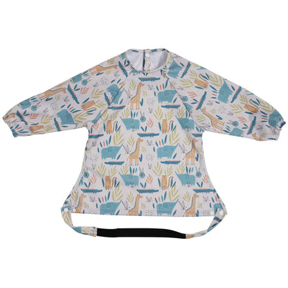 Soft, waterproof toddler feeding bib with long sleeves, featuring an adorable animal print & deep pocket