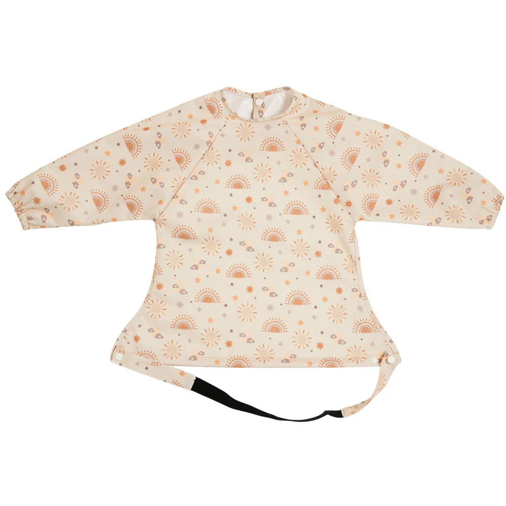 Pink long sleeve baby mealtime bib, mess proof & easy clean, with a practical food catching pocket