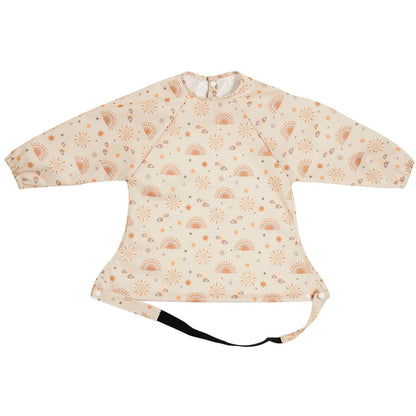 Pink long sleeve baby mealtime bib, mess proof & easy clean, with a practical food catching pocket