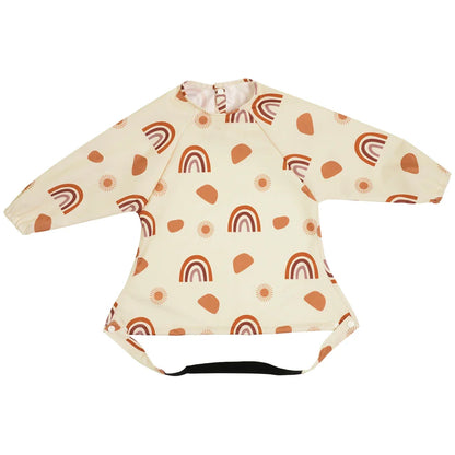 Full sleeve baby bib, patterned, designed for messy eaters, includes a spacious catch-all pocket