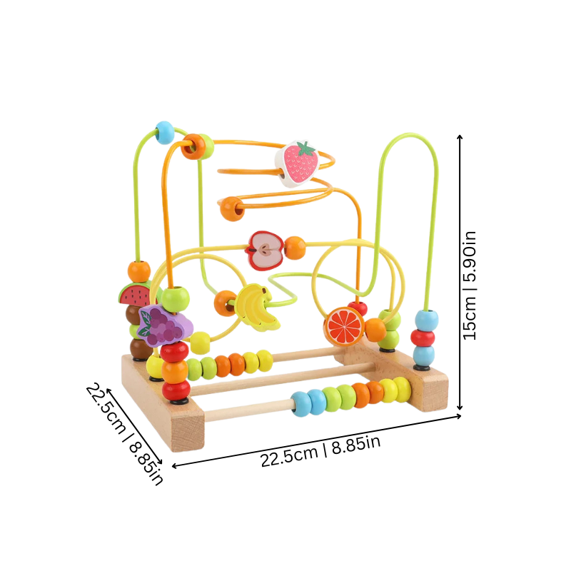 Wooden bead maze for toddlers, developing fine motor skills and cognitive abilities.