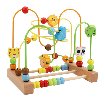 Colorful wooden bead maze toy, perfect for baby and toddler counting and fine motor development.