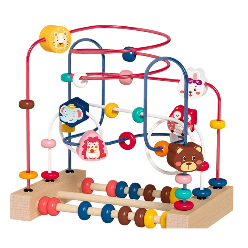 Close-up of a wooden bead maze toy, highlighting colorful beads and intricate paths.
