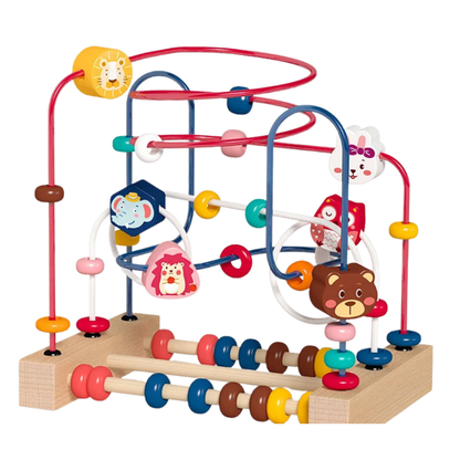 Close-up of a wooden bead maze toy, highlighting colorful beads and intricate paths.