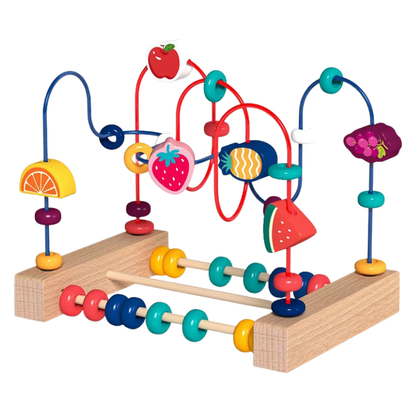 Happy baby playing with a Montessori wooden bead maze, enhancing early learning skills.