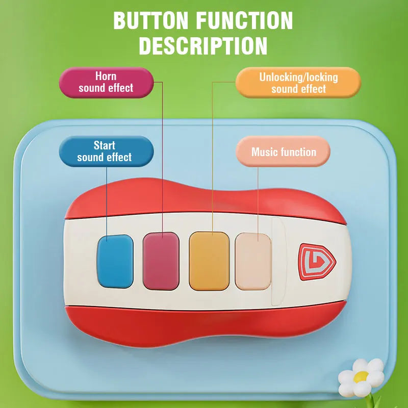 Educational musical toy for infants, a set of car keys with interactive lights, sounds & play buttons