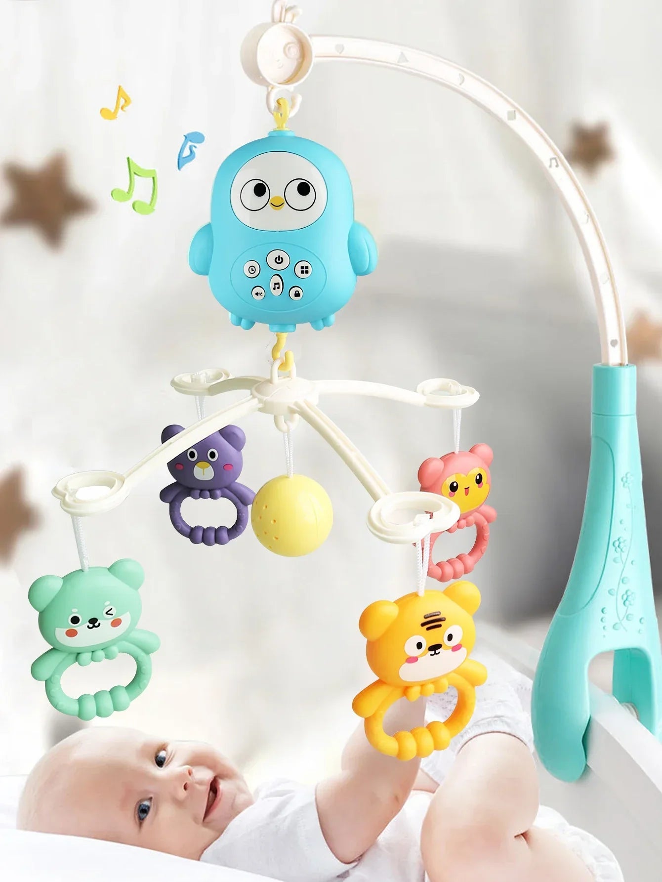 Baby musical crib mobile with blue and pink silicone toys for soothing sleep & nursery decor