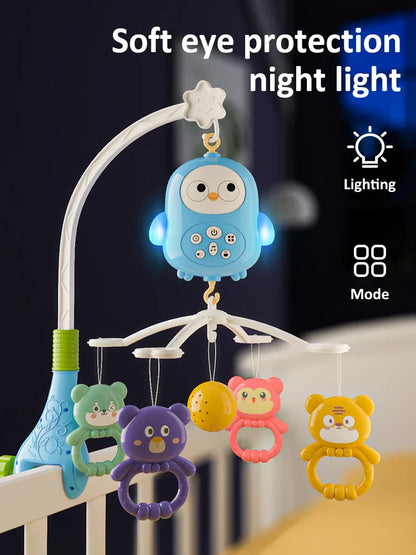 Close-up of a baby musical crib mobile, highlighting blue & pink silicone infant toys for development