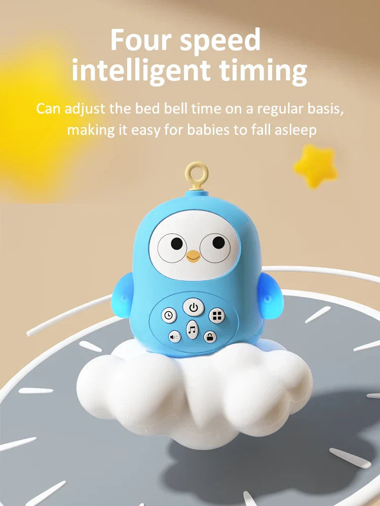 Overhead view of a baby musical mobile attached to a crib, promoting soothing sleep & sensory play
