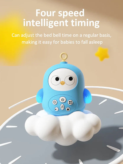 Overhead view of a baby musical mobile attached to a crib, promoting soothing sleep & sensory play