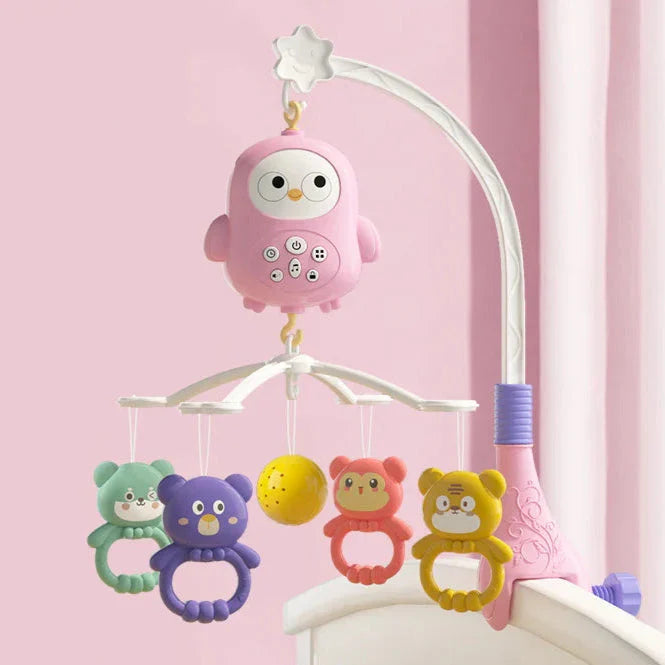 Musical baby mobile in blue and pink, a charming crib toy & sleep aid for a calm nursery environment