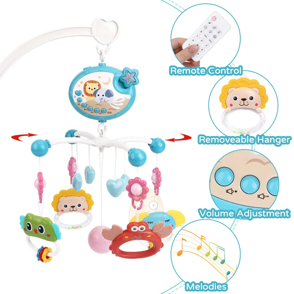 Packaging of a baby musical crib mobile with projector & night light, ready for gifting