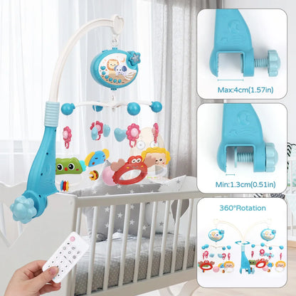 Star projector feature of the baby mobile casting soft lights onto a nursery wall
