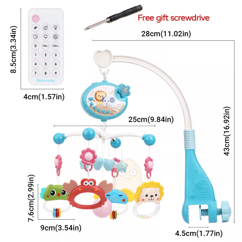 Variety of colorful hanging toys on a musical mobile, promoting visual stimulation for babies