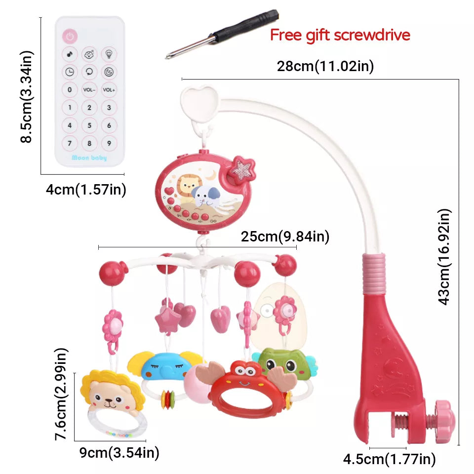 Baby musical mobile with interchangeable plush toys, offering versatile sensory play