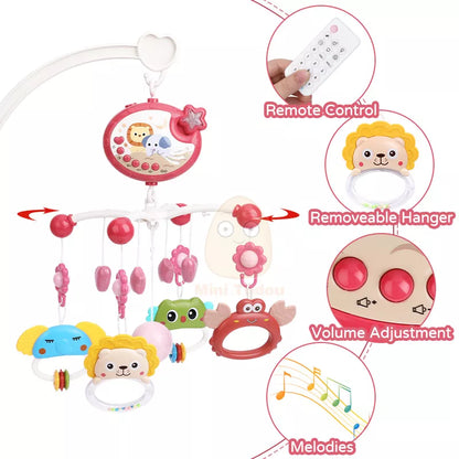 Close-up of a baby musical crib mobile, showing plush hanging toys and projector light