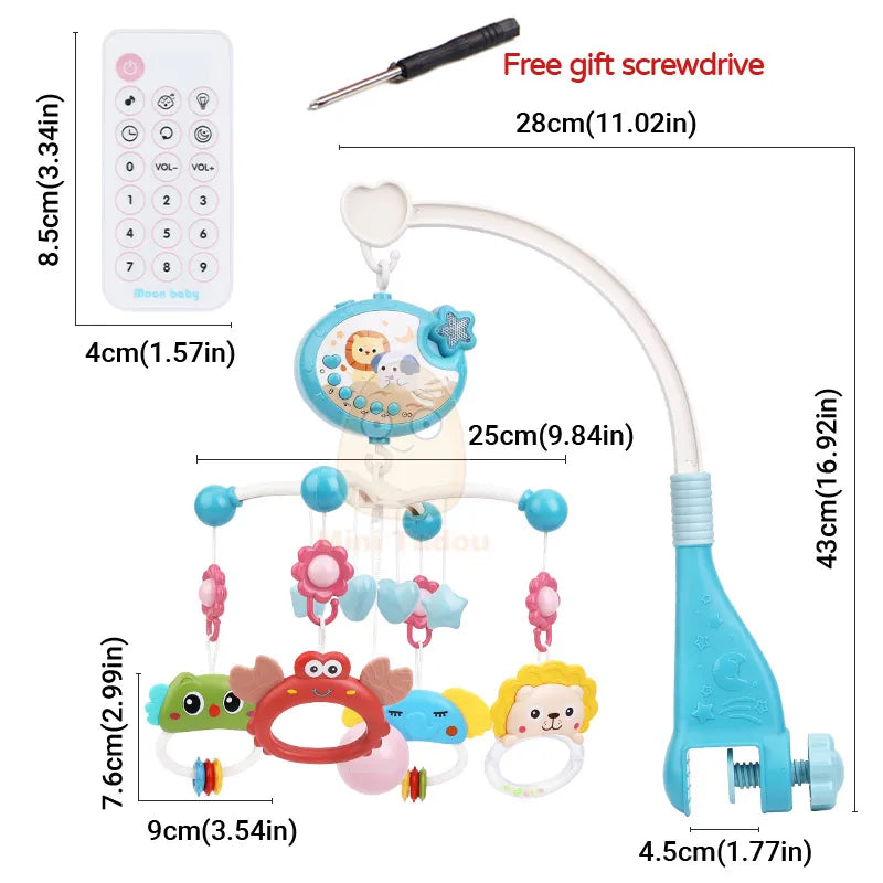 Baby crib mobile with projector displaying stars on the ceiling, calming newborn toy